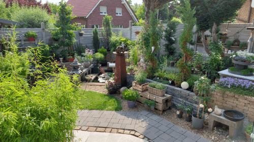 Sonniger Überblick vom Hausgarten im Lusebrink 1 mit vielen Pflanzen und Teich