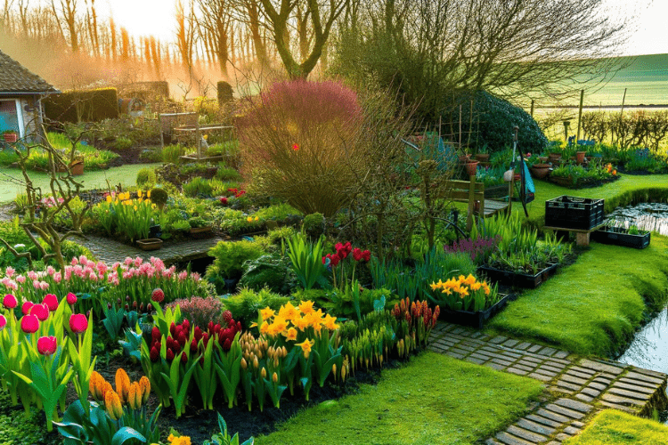 Ein lebendiger Frühlingsgarten bei Sonnenaufgang, voller Farben und Leben. Der Garten zeigt eine Vielfalt von frisch blühenden Pflanzen, darunter Tulp