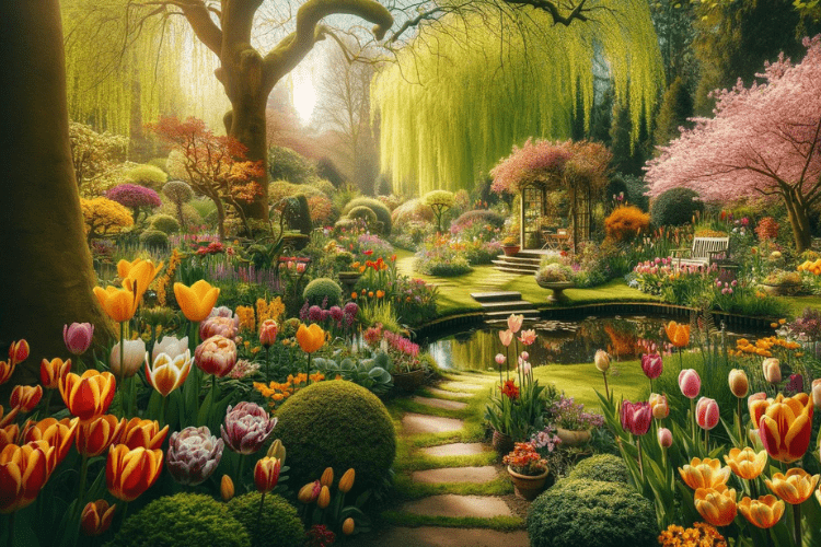 Ein prachtvoller Garten im vollen Frühlingsglanz, der eine Vielfalt an Pflanzen zeigt, die im Frühling blühen. Im Vordergrund sind Tulpen, Narzissen